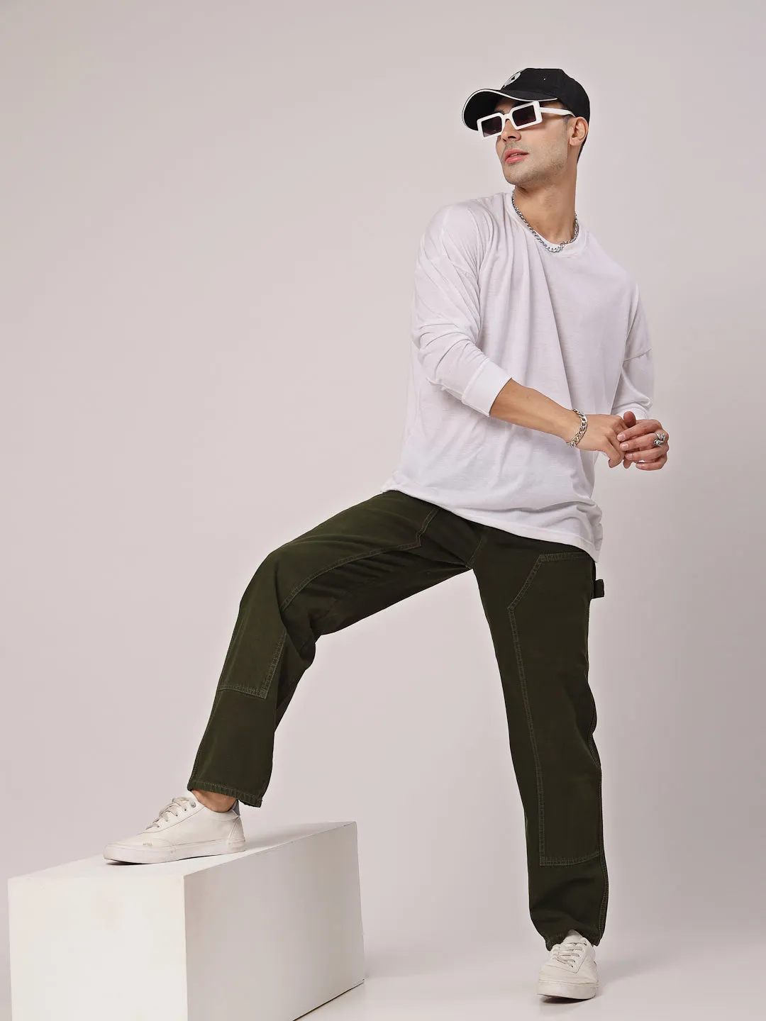 Style Quotient Men Olive Relaxed Fit Mid Rise Carpenter Jeans