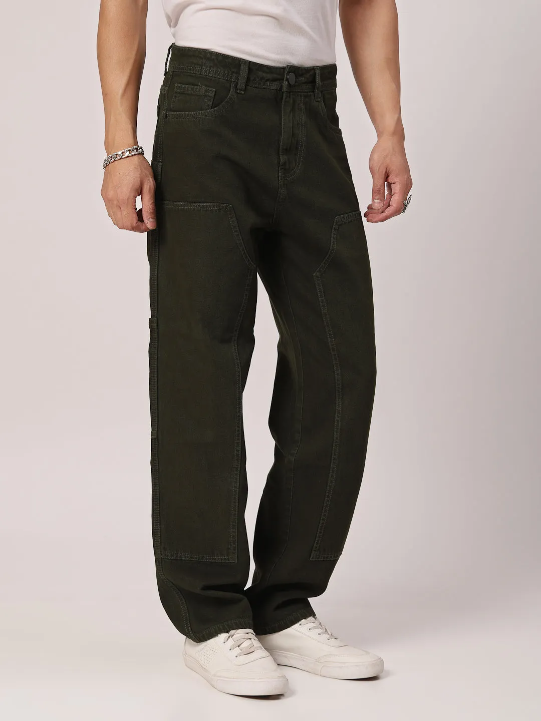 Style Quotient Men Olive Relaxed Fit Mid Rise Carpenter Jeans