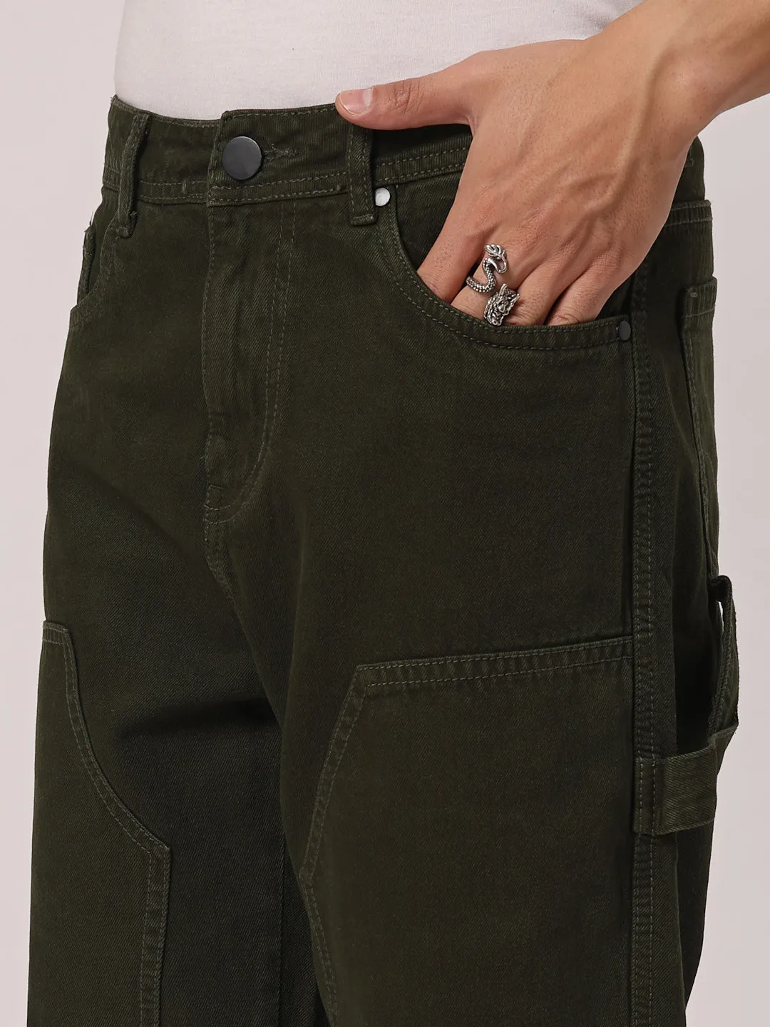Style Quotient Men Olive Relaxed Fit Mid Rise Carpenter Jeans