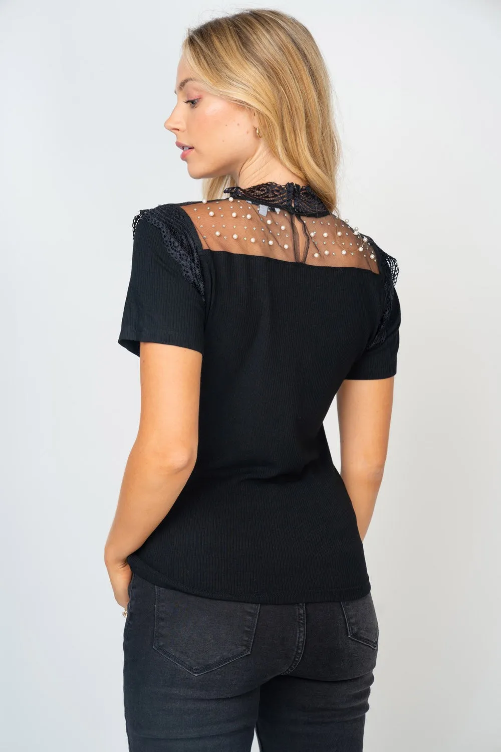 Vienna - Mesh Pearl Detail Short Sleeve T-Shirt - Black - Exclusively Online