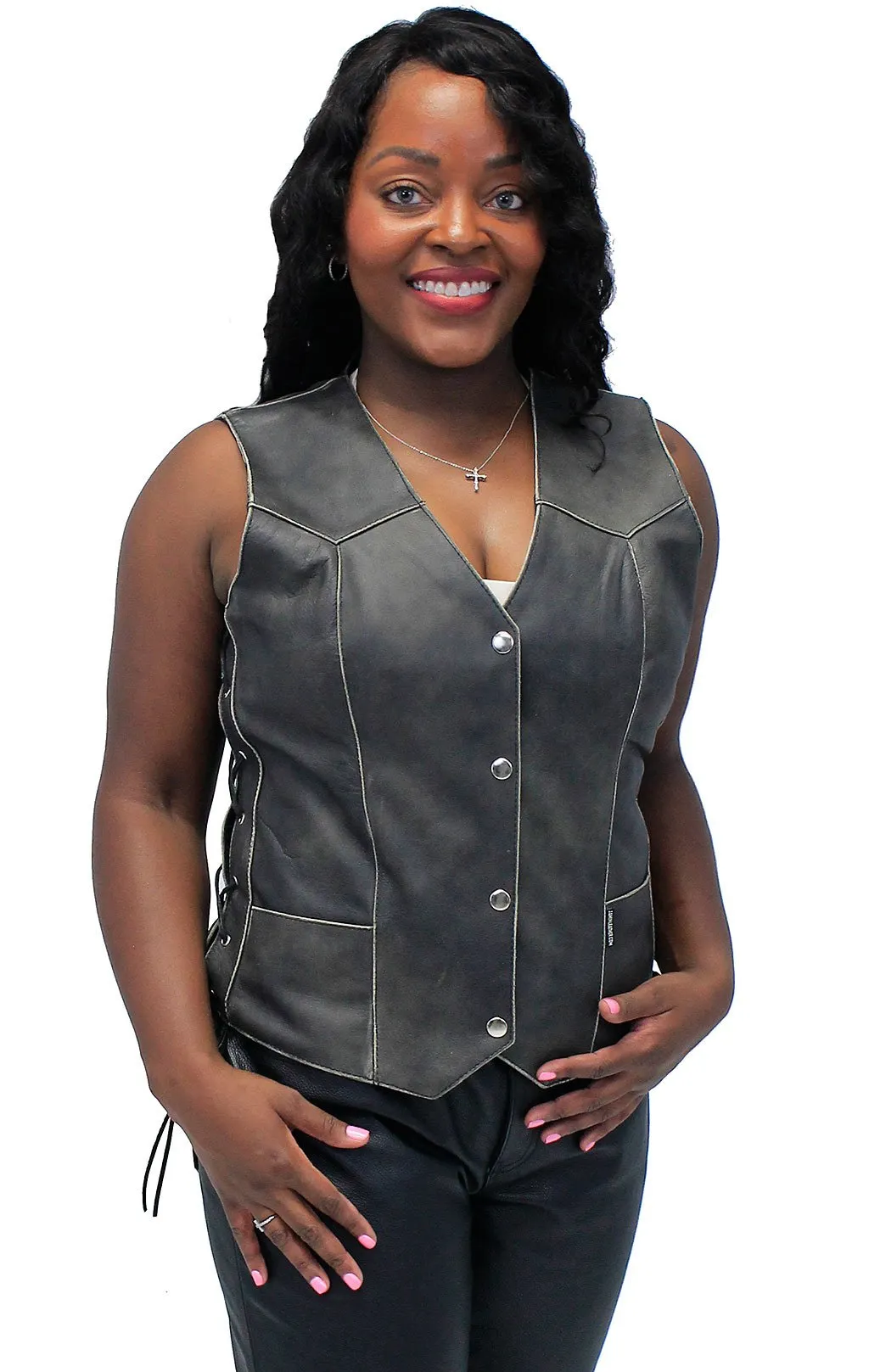 Vintage Brown Leather Vest for Women w/Side Lacing #VLA516LDN ()