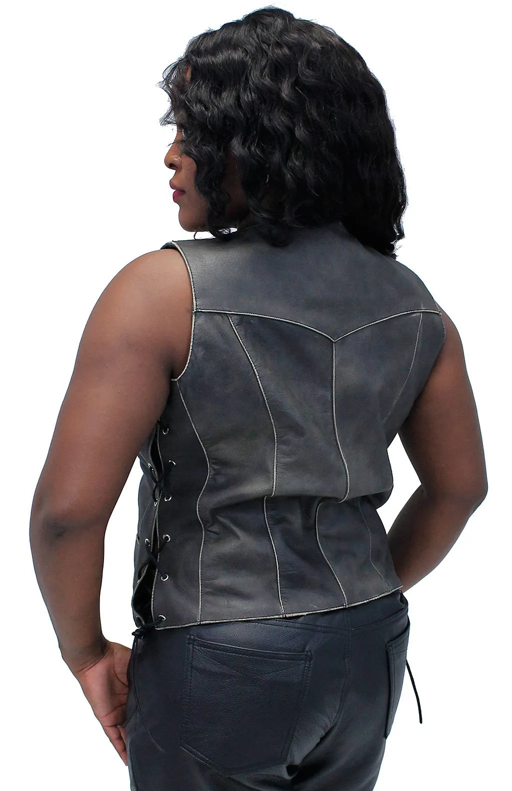 Vintage Brown Leather Vest for Women w/Side Lacing #VLA516LDN ()