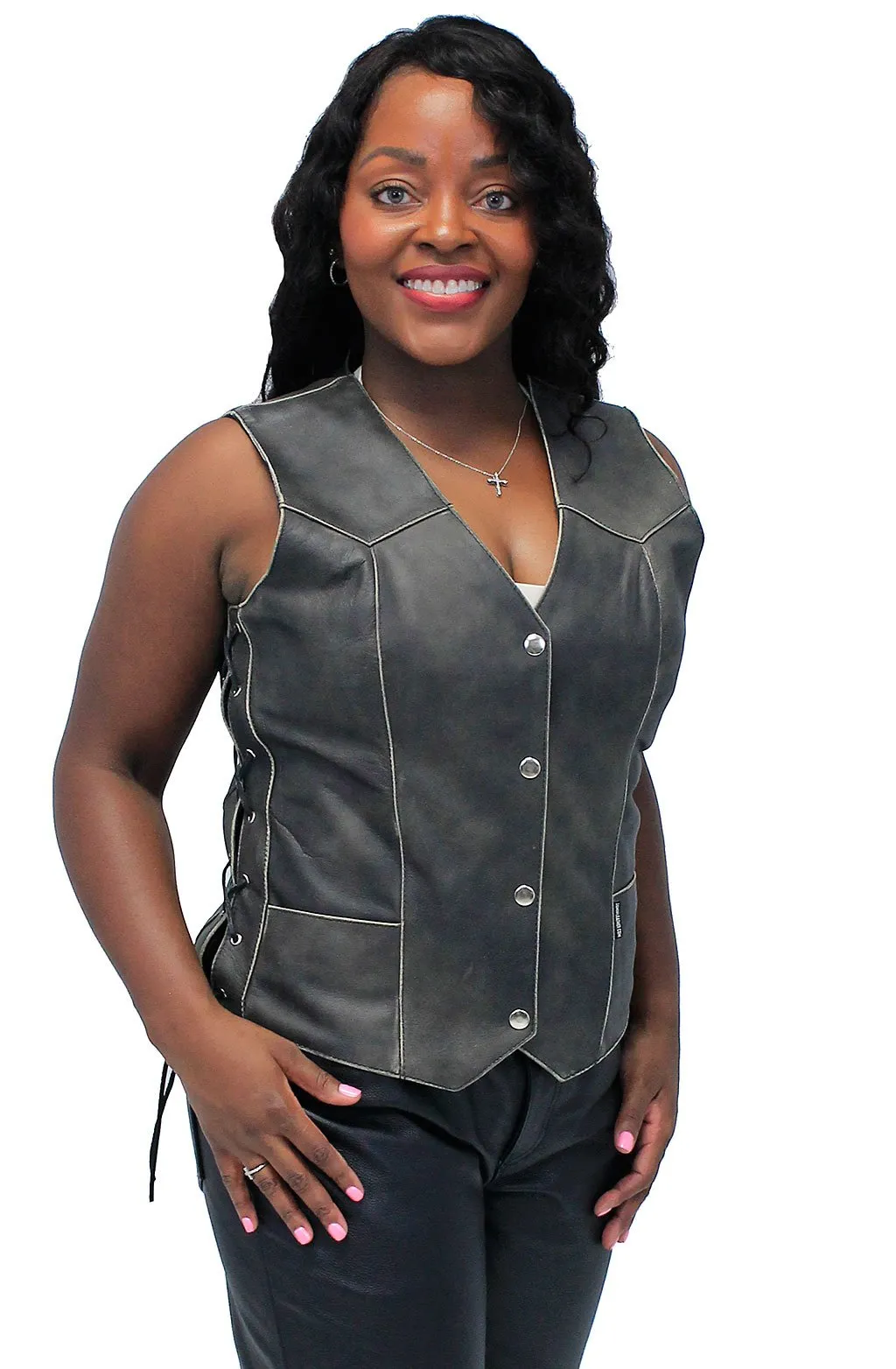 Vintage Brown Leather Vest for Women w/Side Lacing #VLA516LDN ()