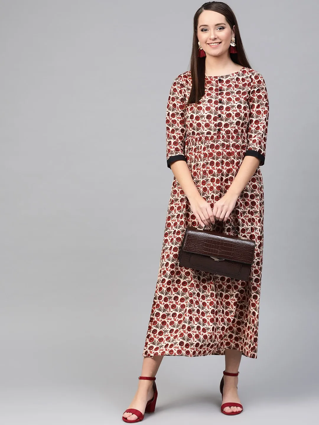 Women Cream & Brown Floral Printed Maxi Dress