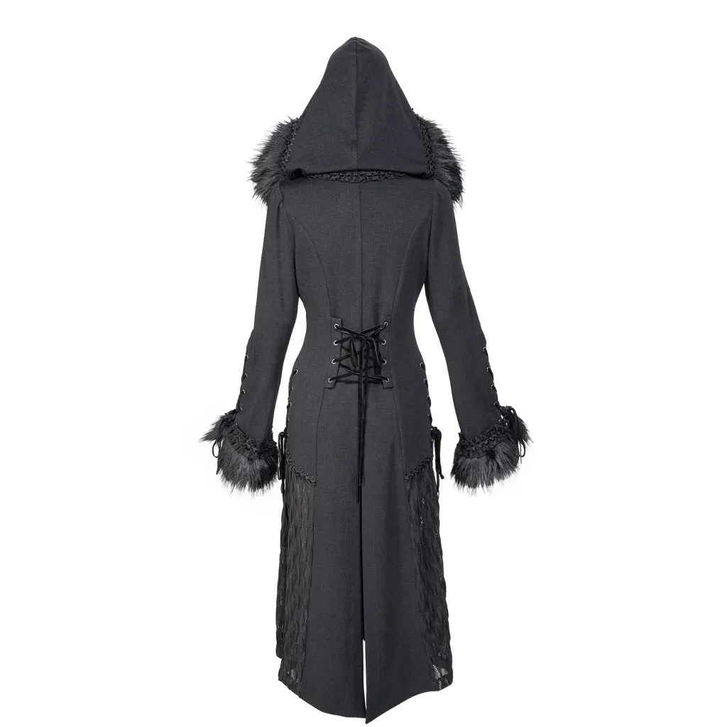 Women's Gothic Flared Sleeved Faux Fur Splice Coat with Hood